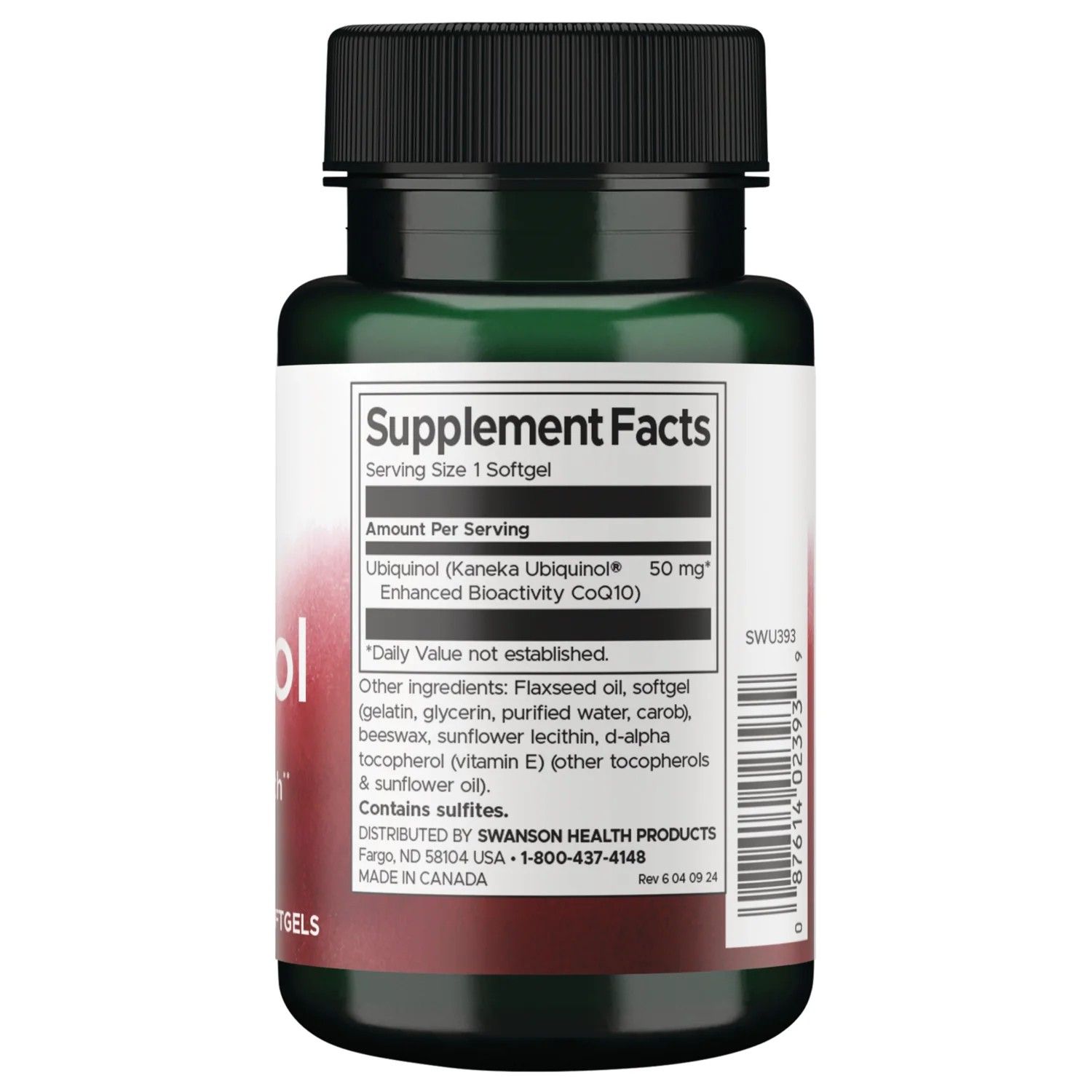 Supplement Facts Etikett auf einer Flasche Ubiquinol 50 mg. Enthält Inhaltsstoffe wie Flachsöl, Gelatine und Sonnenblumenöl.