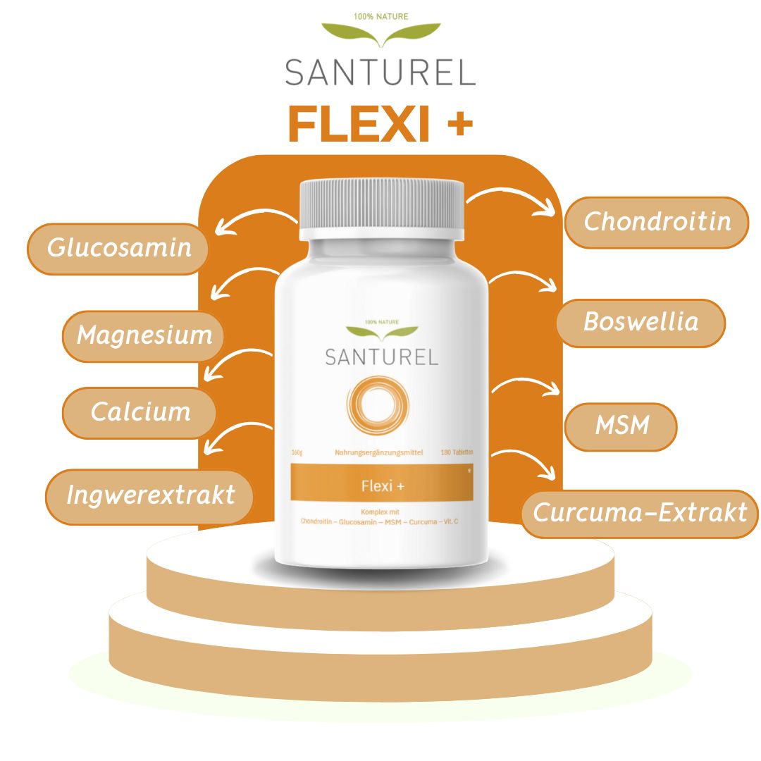SANTUREL Flexi+ Flasche mit Zutaten: Glucosamin, Magnesium, Calcium, Ingwer, Chondroitin, Vitamine C, MSM, Kurkuma.