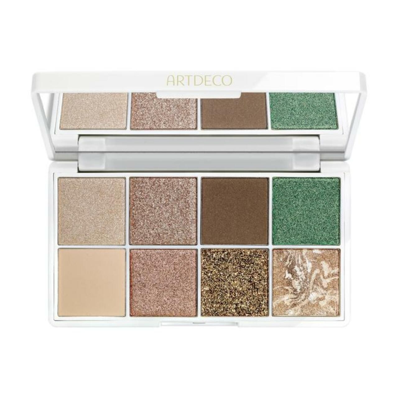 Artdeco Eyelights Palette Bronzing 2025 2. Weiße Palette mit acht Lidschattenfarben und Spiegel. Geöffnet, Draufsicht.
