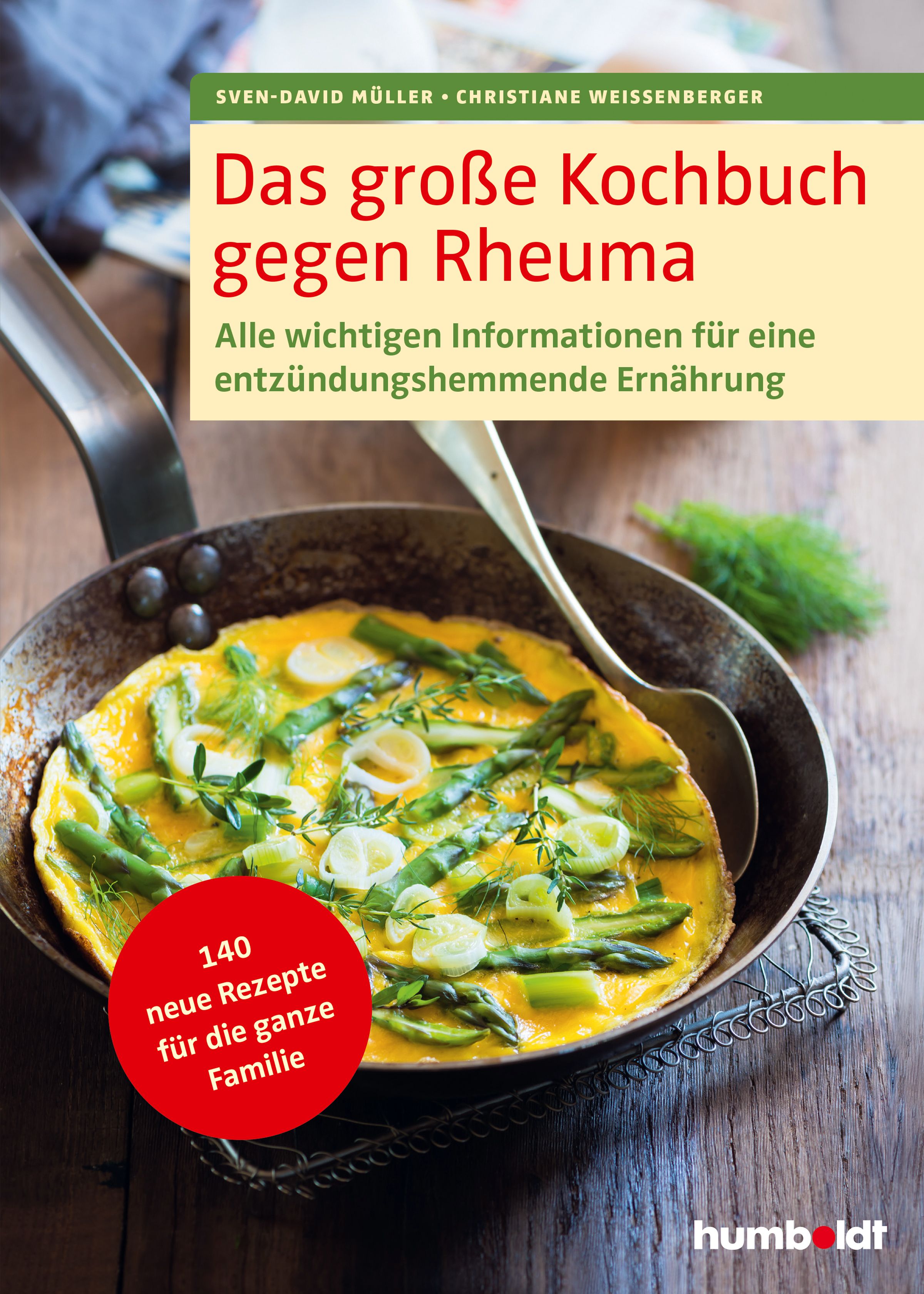 Kochbuch mit Titel 'Das große Kochbuch gegen Rheuma'. Auf dem Cover ein Omelett mit Spargel. Humboldt-Verlag.