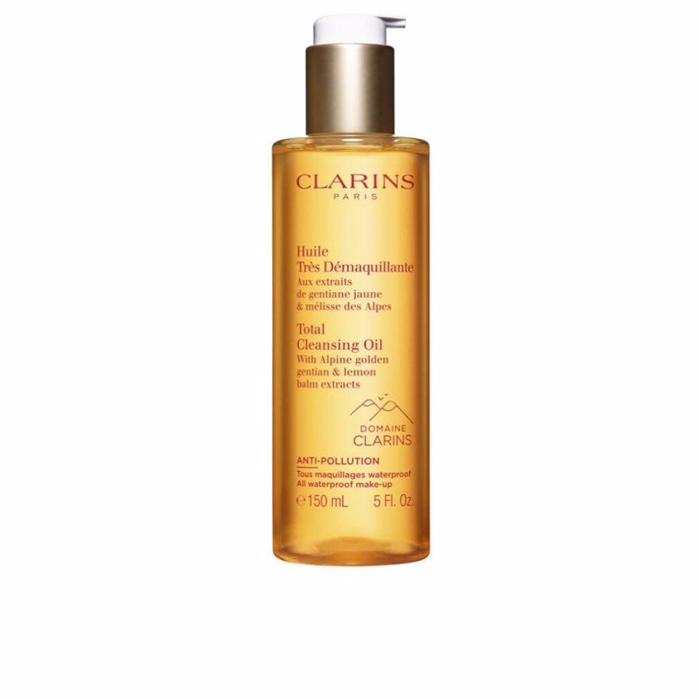 Klare Flasche mit goldfarbenem Inhalt und Dosierpumpe. Beschriftung: Clarins Total Cleansing Oil, 150 ml.