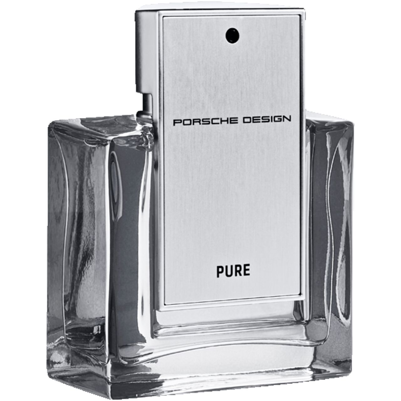 Transparenter Flakon mit silberner Front. Auf der Front steht "PORSCHE DESIGN PURE". Der Flakon hat eine rechteckige Form.