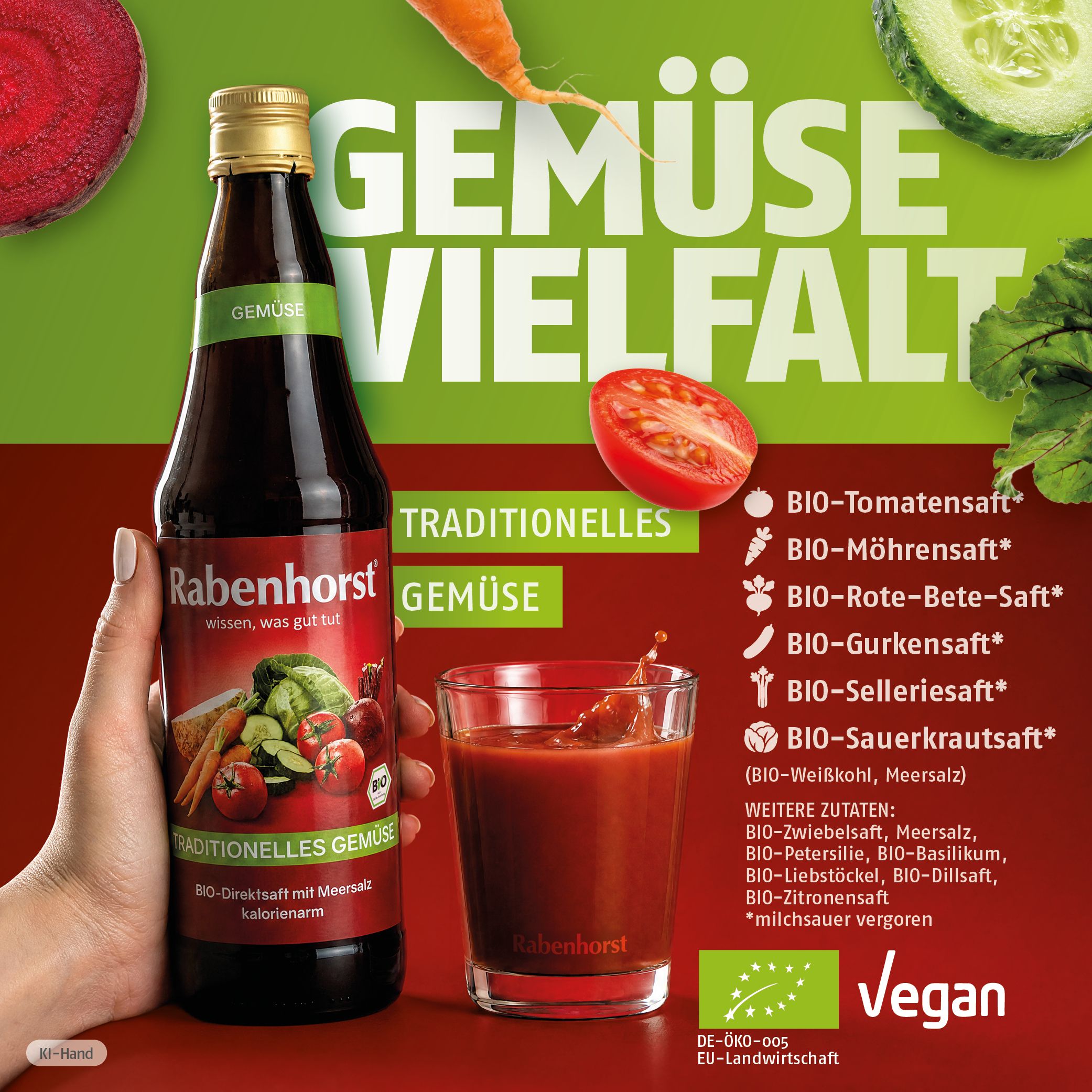 Rabenhorst Traditionelles Gemüse BIO Saft in Flasche und Glas, mit ganzen und geschnittenen Gemüsen.