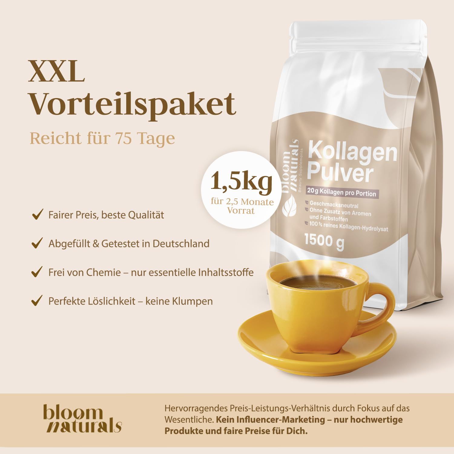 Produktabbildung mit Beutel Kollagen Pulver, Tasse Kaffee. Text: XXL Vorteilspaket, 1,5 kg für 2,5 Monate Vorrat.