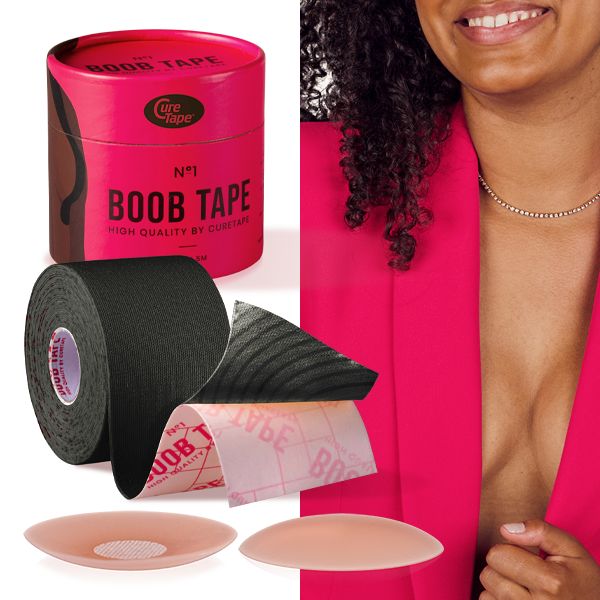 CureTape® Boob Tape Schwarz - Komplettset : mit 2 Nippleabdeckungen und Tape Entfernungsspray