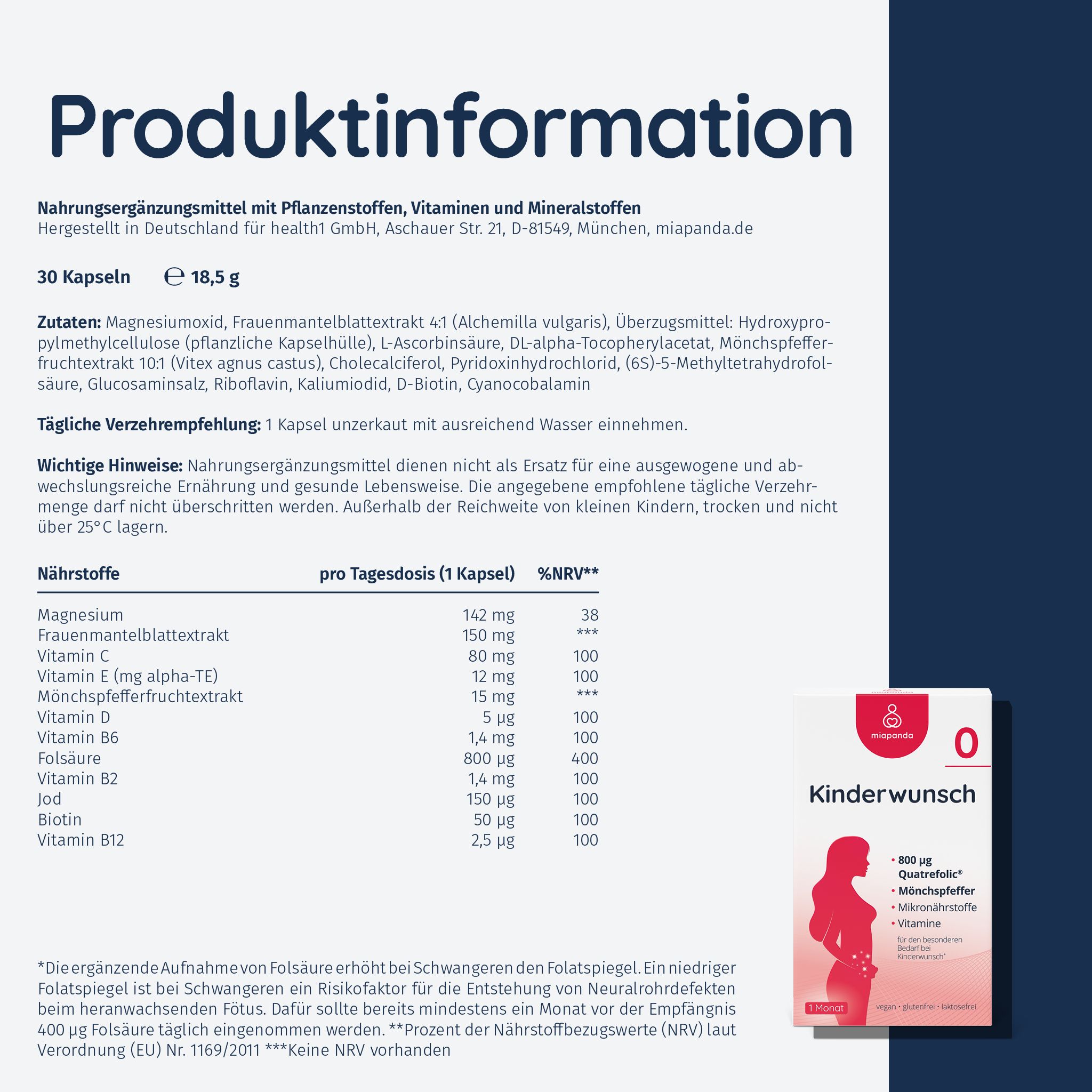 miapanda® 0 Kinderwunsch Vitamine - mit Mönchspfeffer und Folsäure 800 µg (Quatrefolic®)