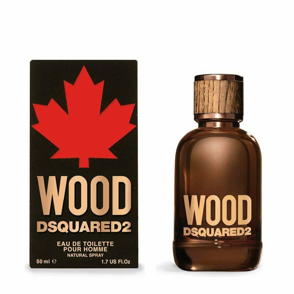 Parfümflasche und Schachtel. Auf der Schachtel: rotes Ahornblatt, WOOD DSQUARED2.