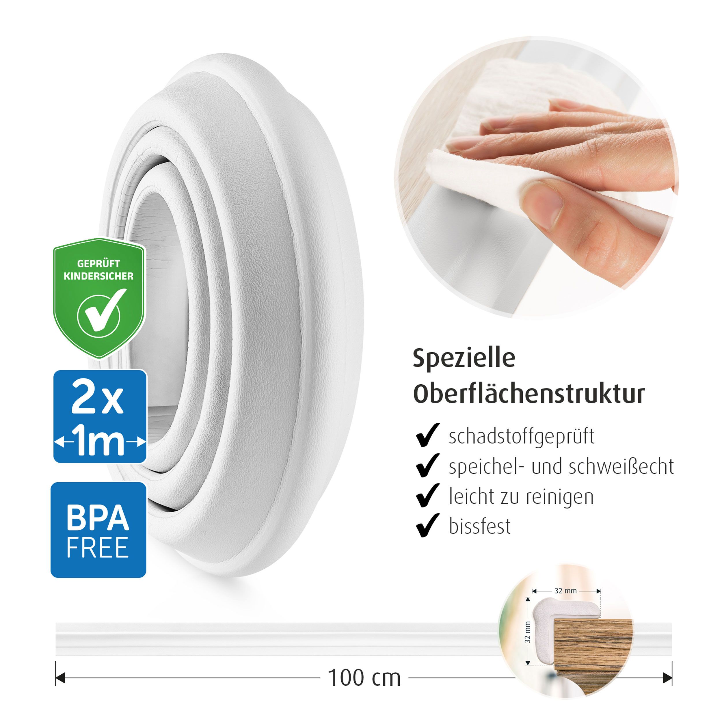 Weißer Kantenschutz, 2x1m, BPA-frei. Spezielle Oberflächenstruktur, schadstoffgeprüft, speichel- und schweißecht.