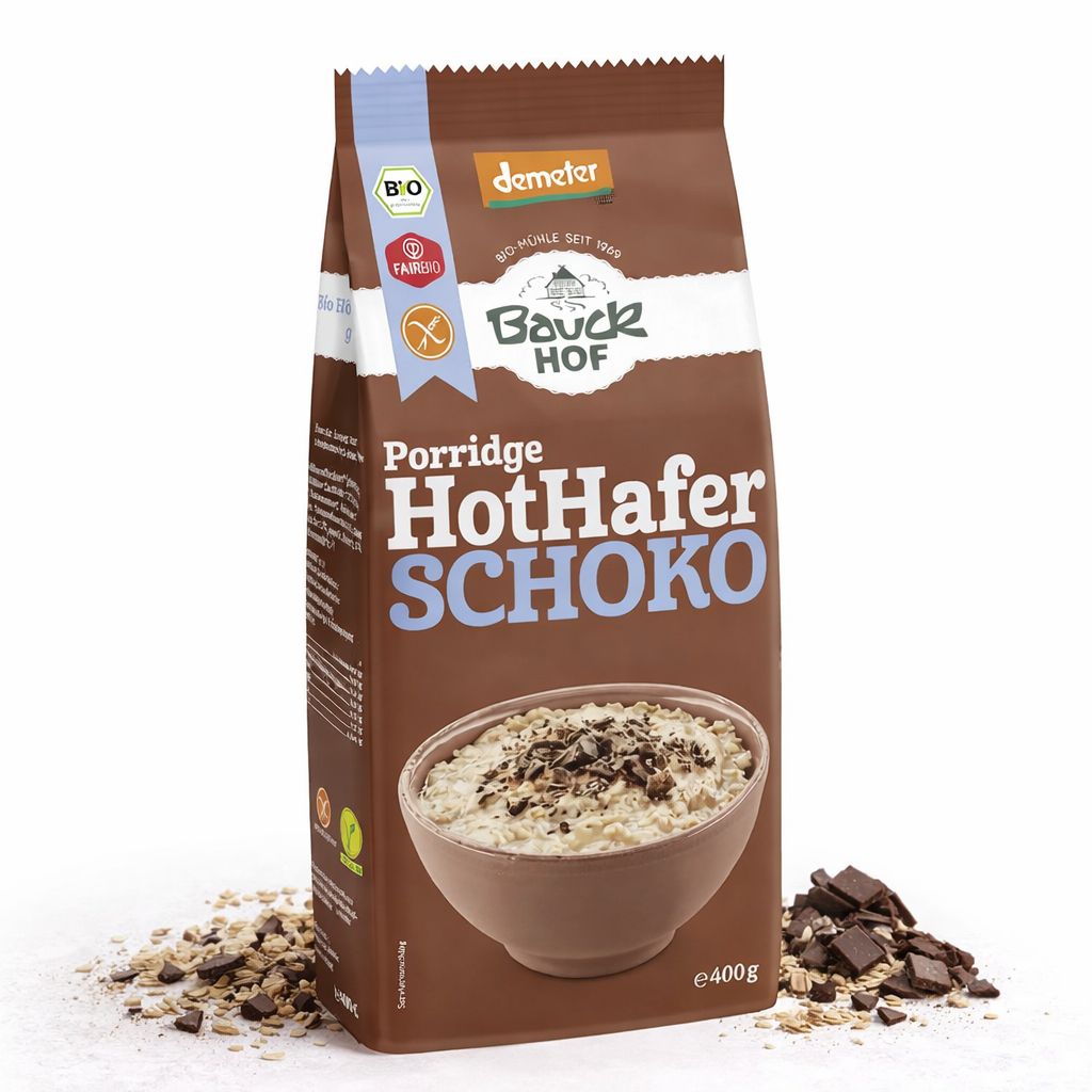 Bauckhof Hot Hafer Schoko glutenfreier Porridge, 400g Packung mit Schokoladenstückchen und Haferflocken.