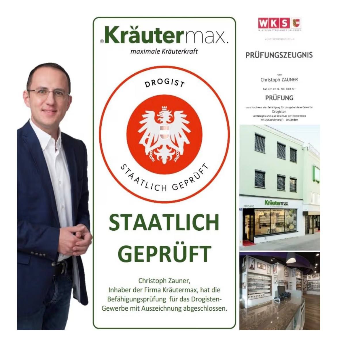 Mann mit Brille neben Siegel 'Staatlich Geprüft', Kräutermax Logo und Gebäudeansicht.