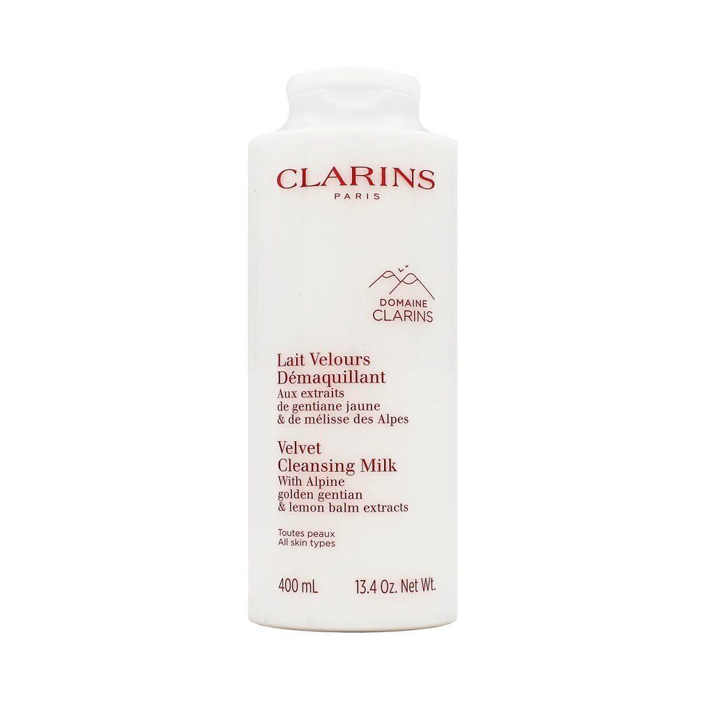 Weiße Flasche mit roter Schrift. Text: Clarins Paris, Lait Velours Démaquillant, Velvet Cleansing Milk. 400 ml.