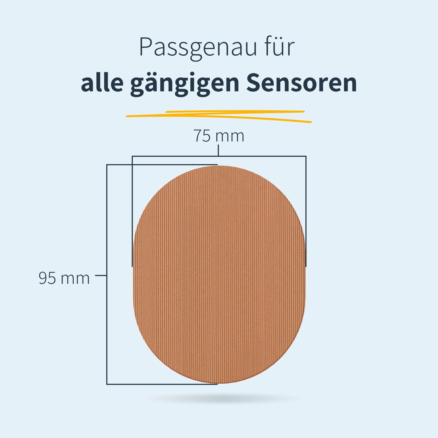 Beiges, ovales Pflaster mit den Maßen 75 x 95 mm. Passgenau für alle gängigen Sensoren.