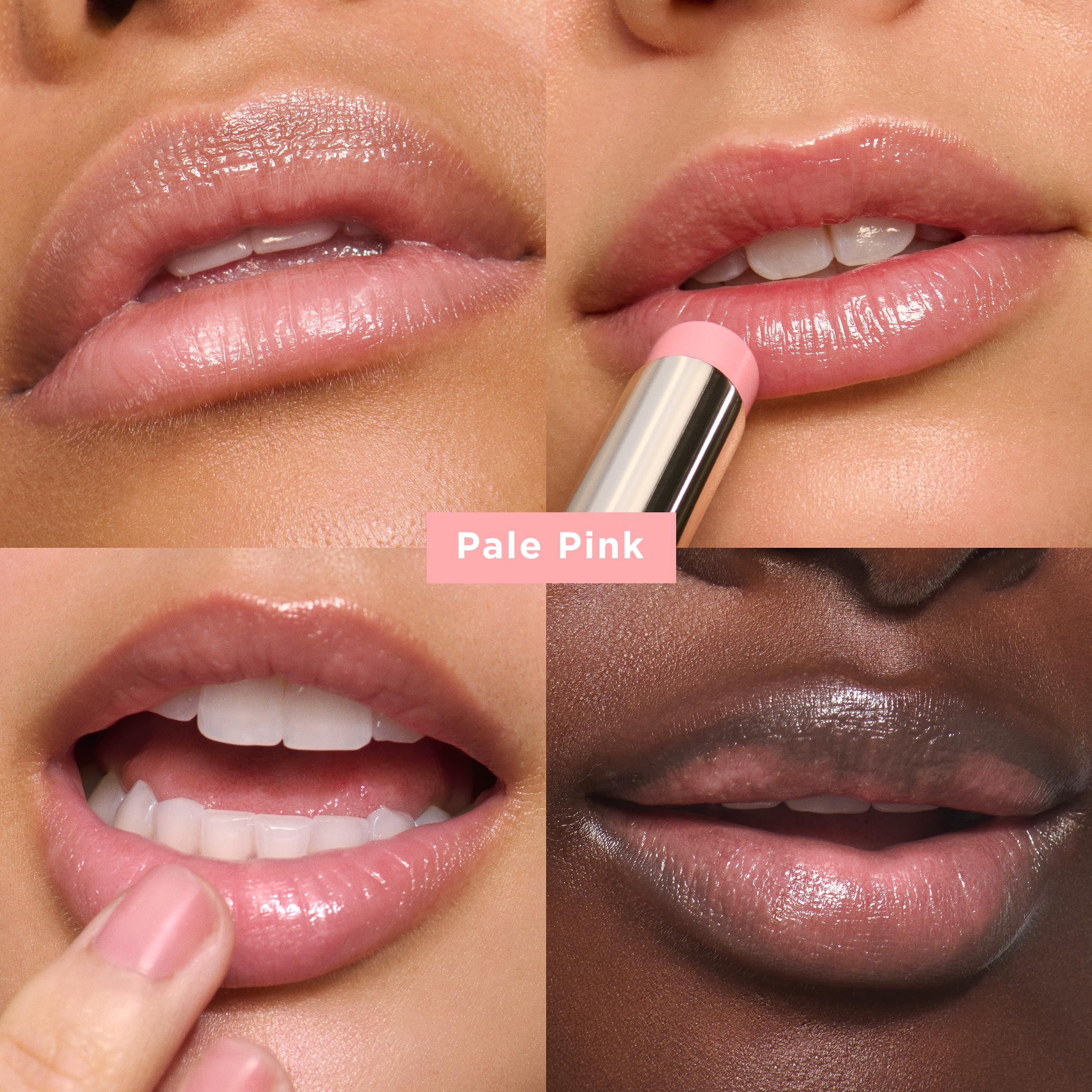Vier Nahaufnahmen von Lippen. Lippenbalsam wird aufgetragen. Verschiedene Hauttöne.