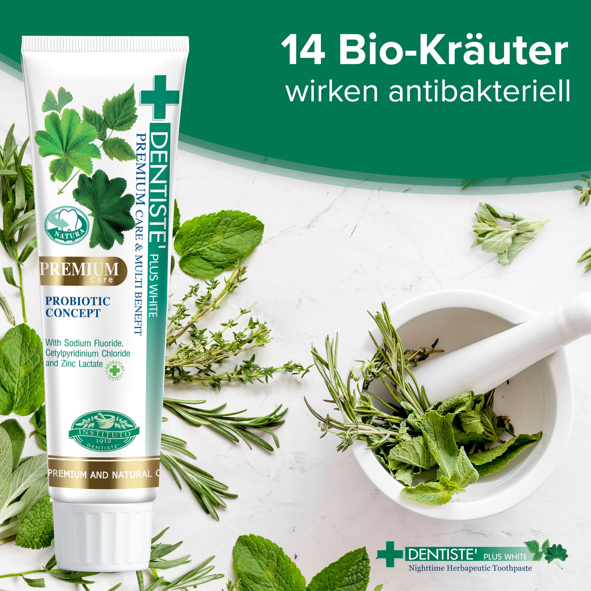 Zahnpasta-Tube mit Kräutern und Text. 14 Bio-Kräuter. Premium Care & Multi Benefit. Probiotic Concept. Mit Natriumfluorid.