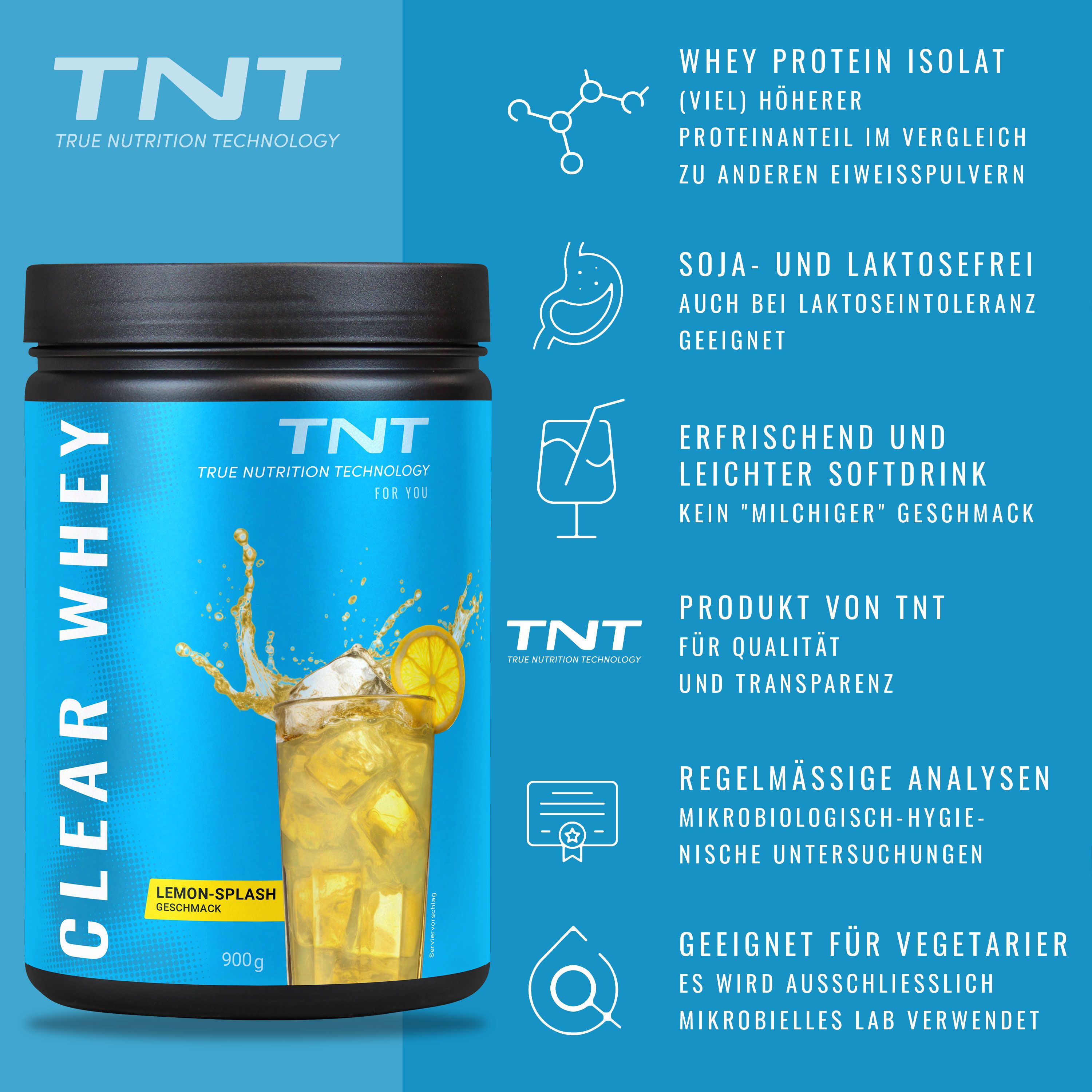 Blaue Dose mit TNT CLEAR WHEY, Zitrone-Splash-Geschmack. Enthält Informationen zu Inhaltsstoffen und Eigenschaften.