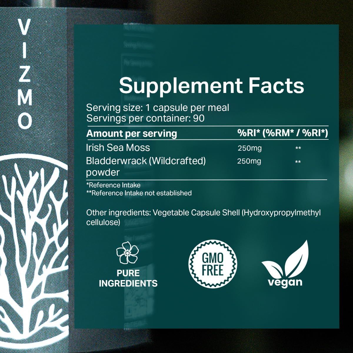 Nahaufnahme der Produktinformationen. Enthält: Irish Sea Moss, Bladderwrack. Zertifizierungen: GMO-frei, vegan.