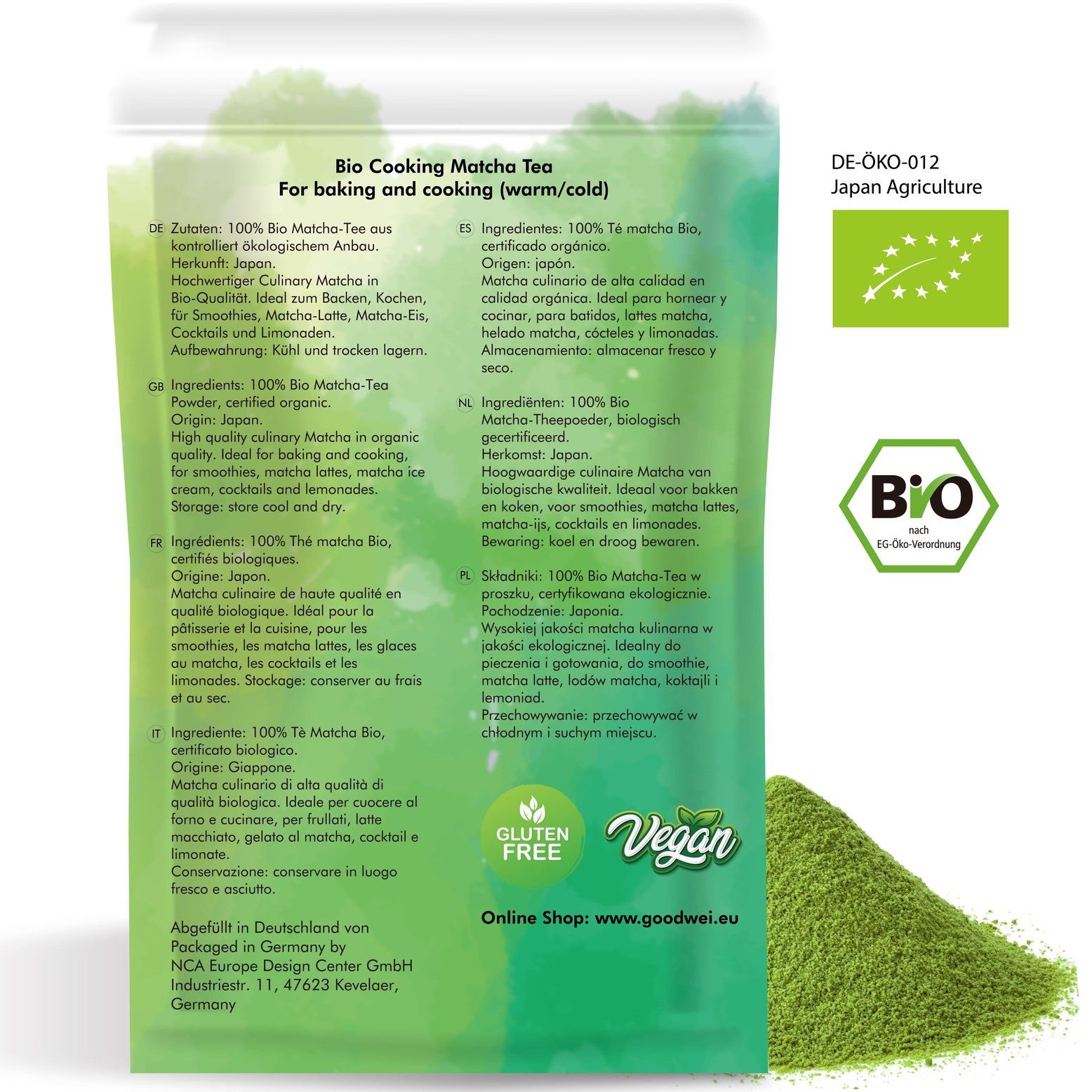 Rückseite der Matcha-Verpackung mit Inhaltsangaben, Bio-Zertifizierung, glutenfrei und vegan. Grünes Pulver daneben.
