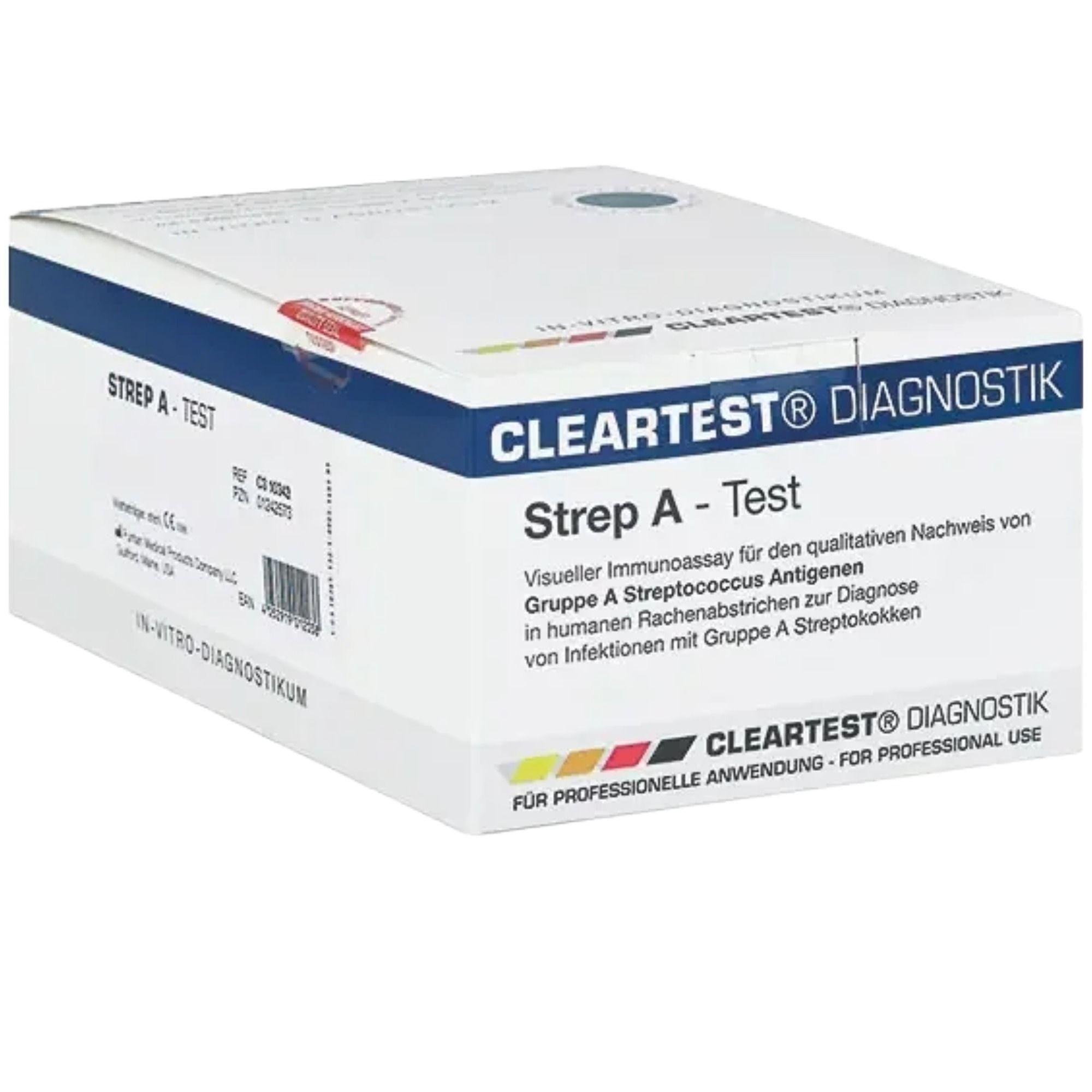 Weiße Verpackung mit Aufschrift STREP A TEST und CLEARTEST® DIAGNOSTIK. Text in Deutsch. In-vitro-Diagnostikum.