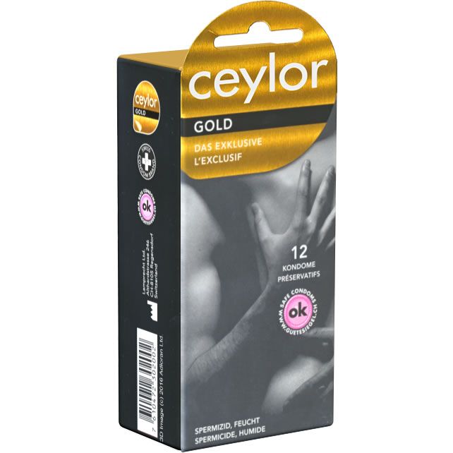 Schwarze Schachtel mit Kondomen. Aufschrift: Ceylor Gold, 12 Kondome, spermaabtötend. OK-Siegel.