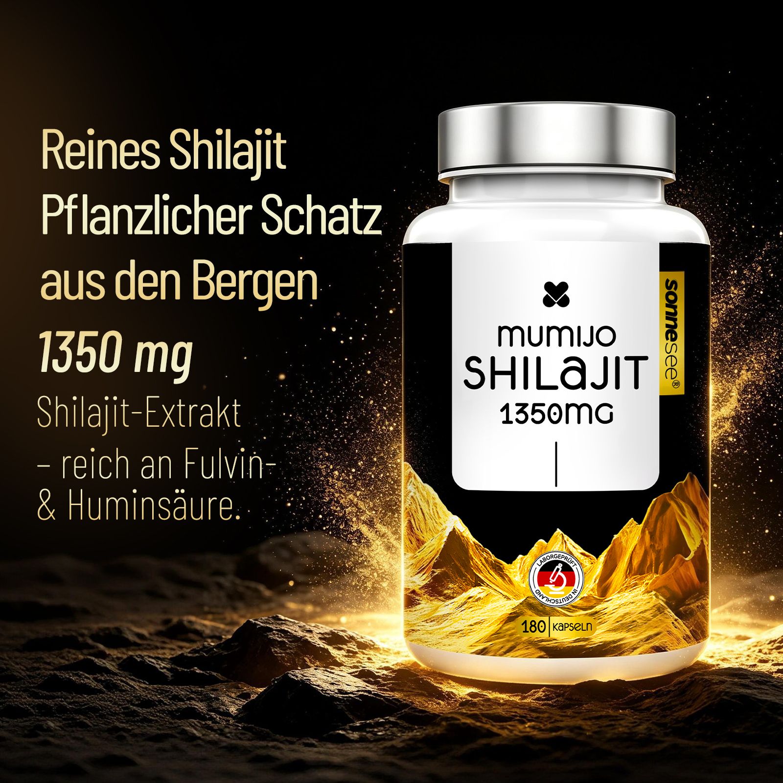 Flasche mit Shilajit-Extrakt, 1350 mg pro Kapsel, 180 Kapseln.