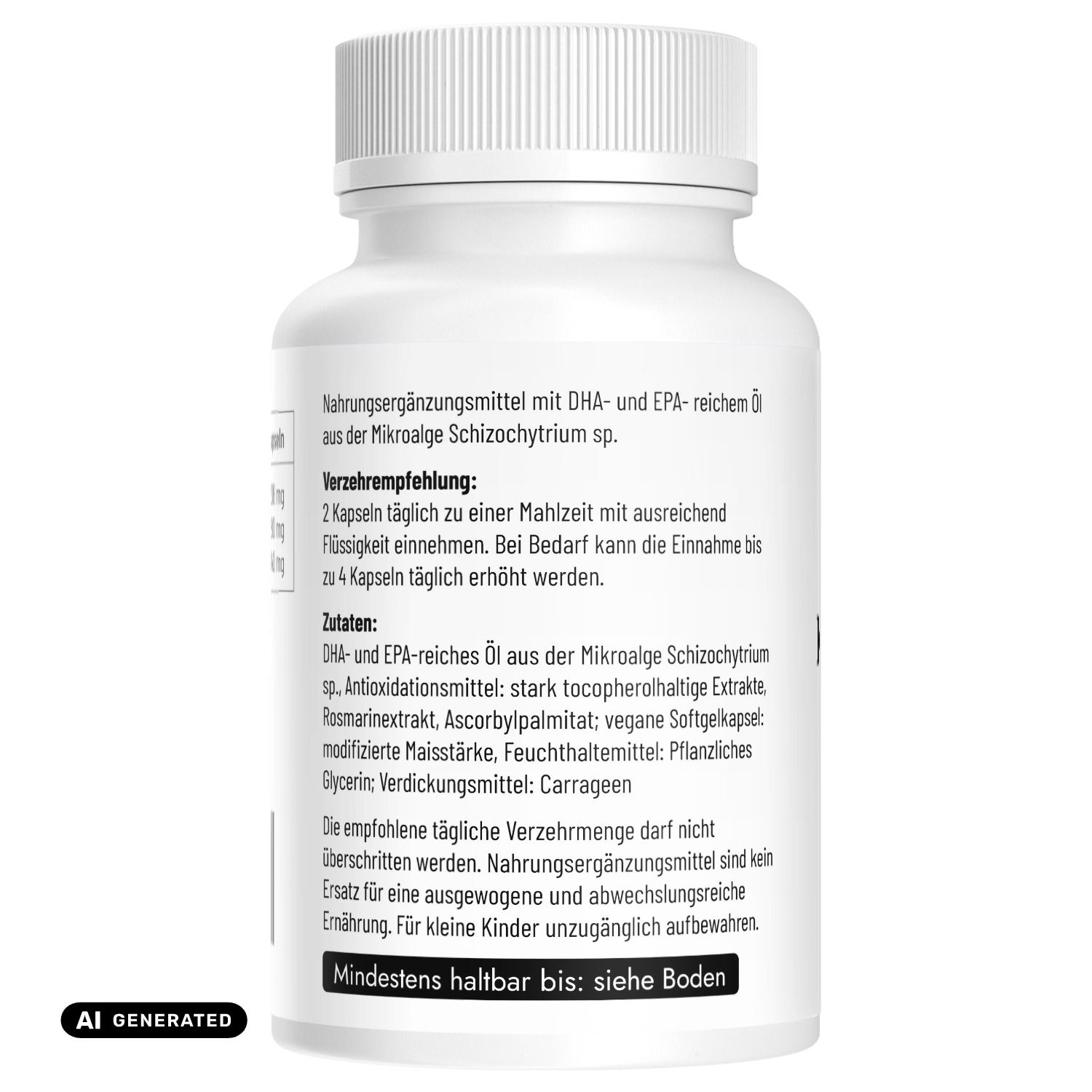 Rückseite einer Flasche veganer Algenöl-Kapseln. Zutaten: Algenöl, Antioxidantien. Verzehrempfehlung.