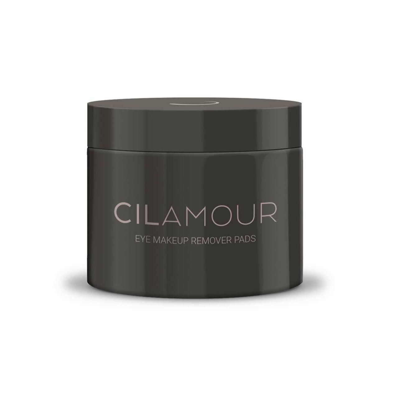 Dunkelgrauer Behälter mit Aufschrift "CILAMOUR EYE MAKEUP REMOVER PADS". Zylindrische Form mit Deckel.