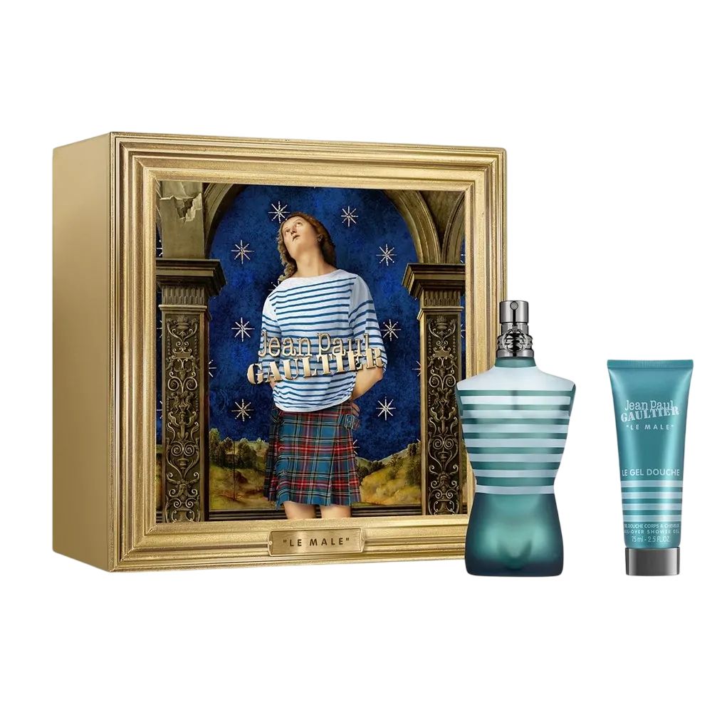 Geschenkset von Jean Paul Gaultier Le Mâle. Enthält Flakon, Duschgel und eine goldfarbene Box mit Abbildung eines Mannes.