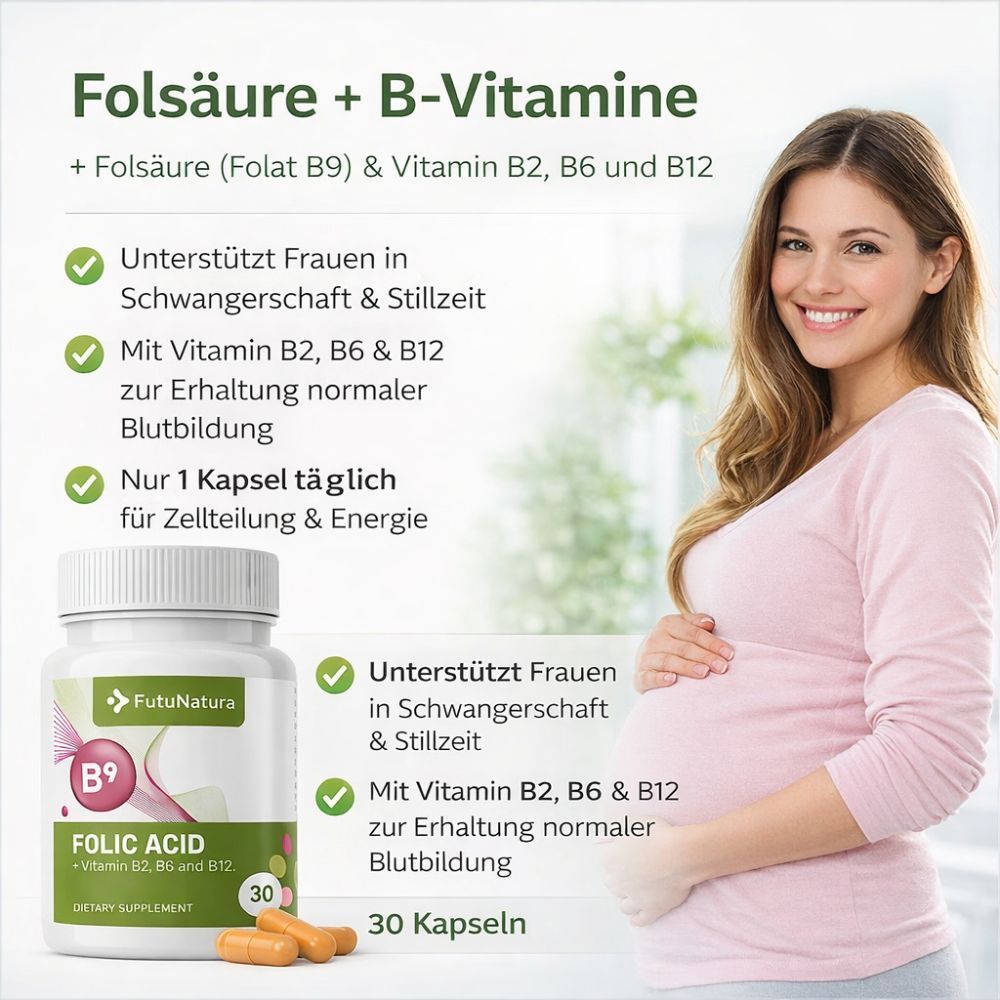 Produktflasche neben schwangerer Frau. Text: Folsäure + B-Vitamine. Unterstützt Frauen in Schwangerschaft & Stillzeit. 30 Kapseln.