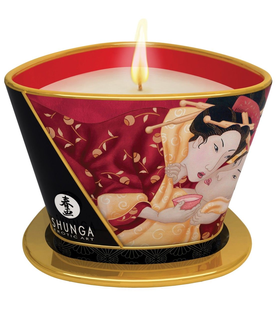 Kerzenbehälter mit roter und schwarzer Verzierung. Goldfarbener Rand und Untersetzer. Flamme brennt. Shunga-Logo.