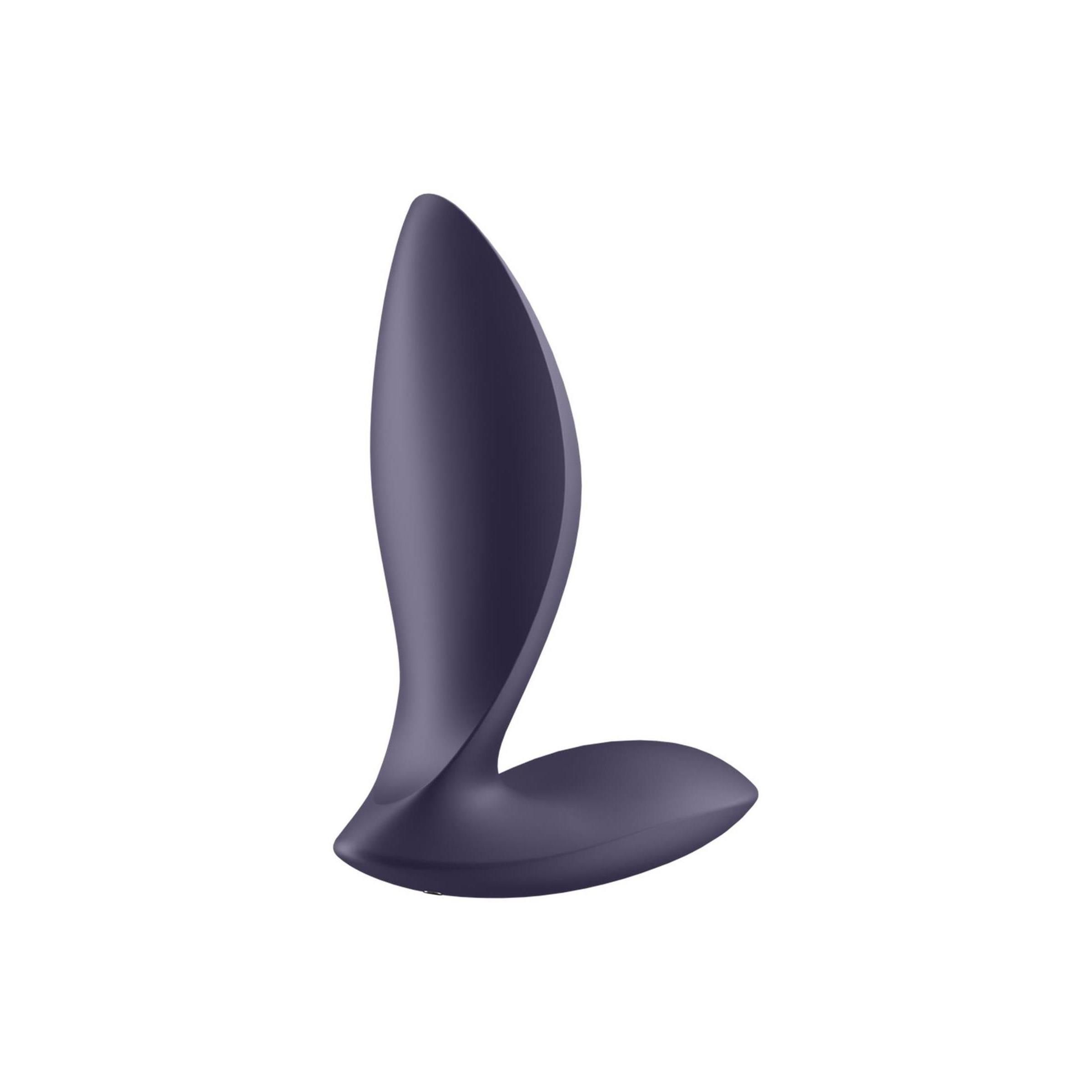 Dunkelvioletter Analvibrator. Tropfenförmiger Kopf, gebogene Form. Basis flach.