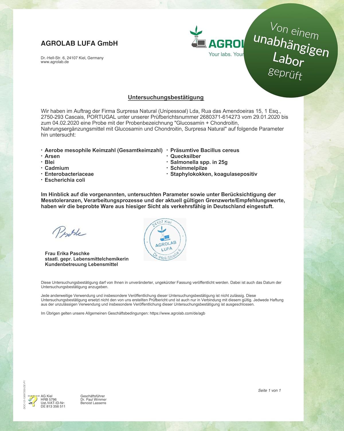 Laborbericht für Surpresa Natural Glucosamin + Chondroitin Plus von Agrolab.