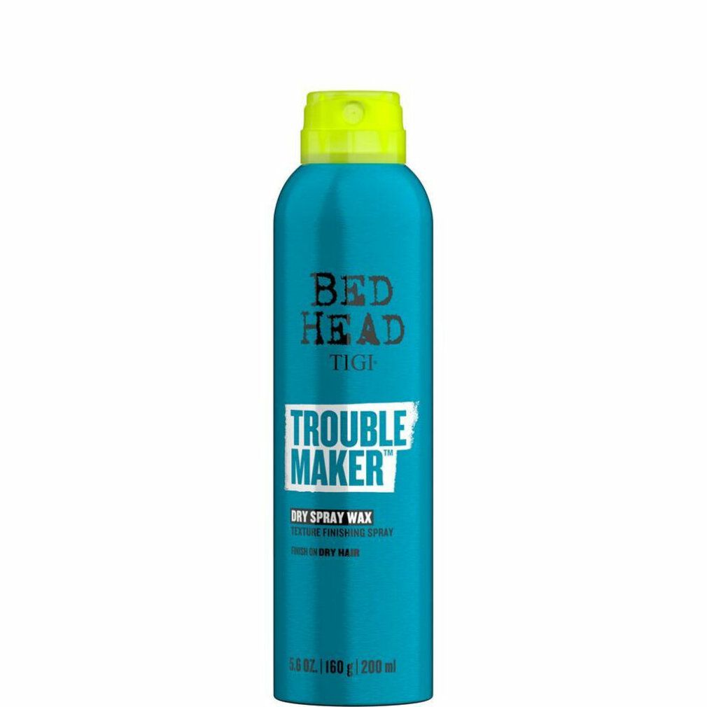 Türkisblaue Spraydose mit gelbem Deckel. Aufschrift: Bed Head TIGI Trouble Maker Dry Spray Wax. 160g/200ml.