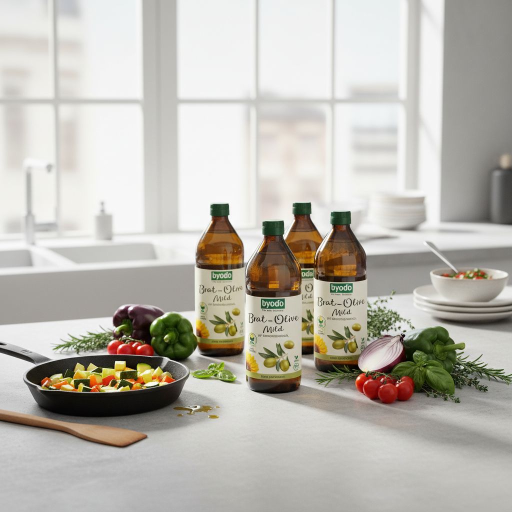 Vier Flaschen BYODO Brat-Olive Mild Bio auf einer Küchentheke, umgeben von frischem Gemüse und Kräutern.