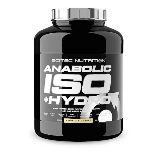 Schwarze Dose Scitec Anabolic Iso+ Hydro. Mit weißer Schrift, Produktname und Geschmacksangabe. Silberner Deckel.