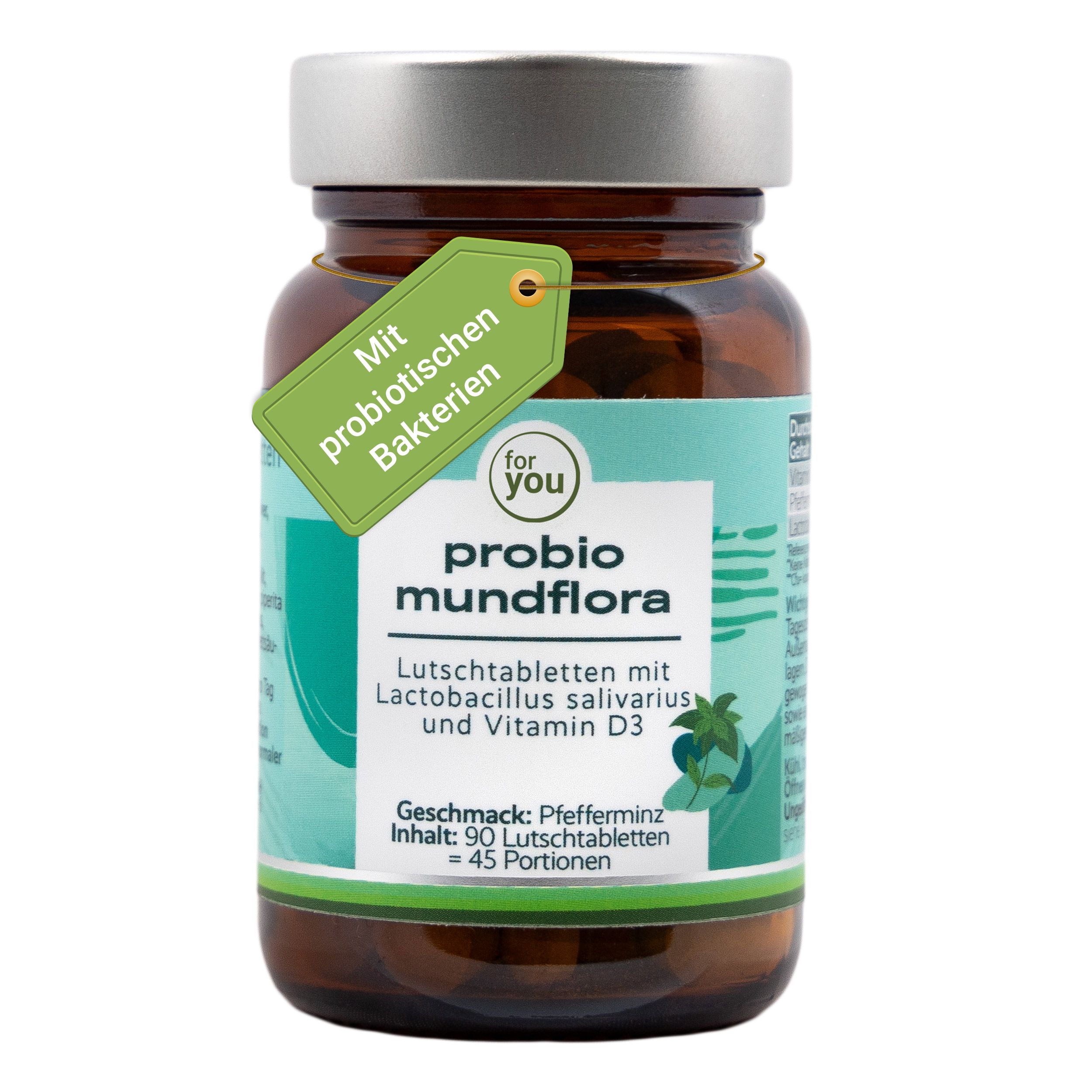Braune Glasflasche mit 90 Lutschtabletten, probiotische Mundflora, mit Lactobacillus salivarius und Vitamin D3.