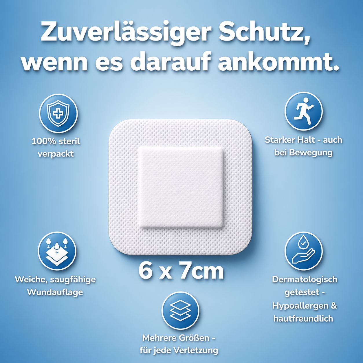 Steriles Wundpflaster 6x7 cm mit weicher, saugfähiger Auflage, dermatologisch getestet.