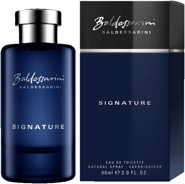 Blauer Flakon und Verpackung. Flakon mit silbernem Verschluss. Aufschrift: Baldessarini Signature. Verpackung mit Logo und Produktbezeichnung.