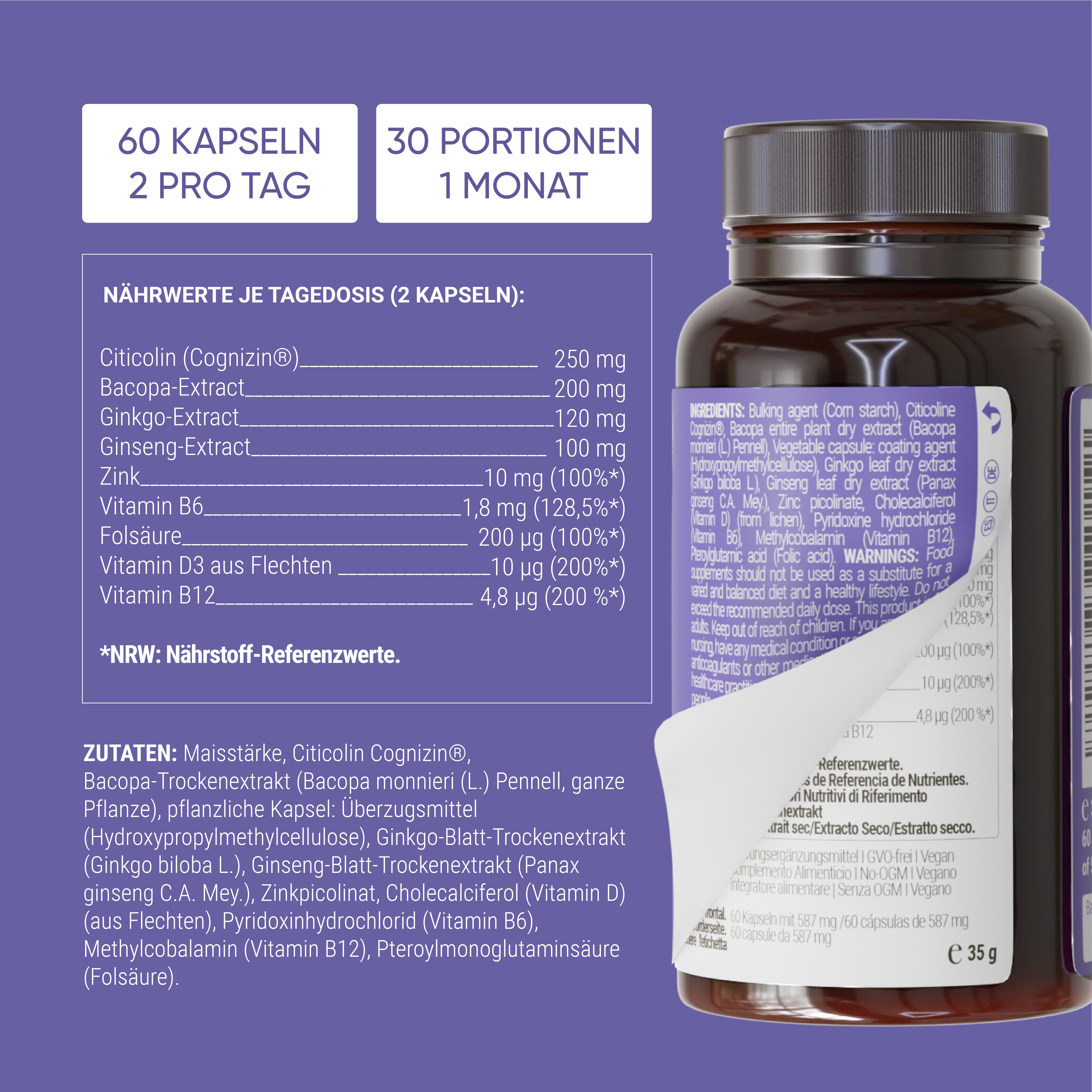 Etikett mit Informationen zu Memory & Focus. Inhaltsstoffe, Nährwertangaben, Dosierung. Aufkleber mit Informationen.