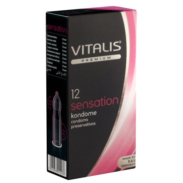 Schwarze Verpackung mit rosa Akzenten. Aufschrift: VITALIS PREMIUM, 12 sensation Kondome. Mit Illustration eines Kondoms.