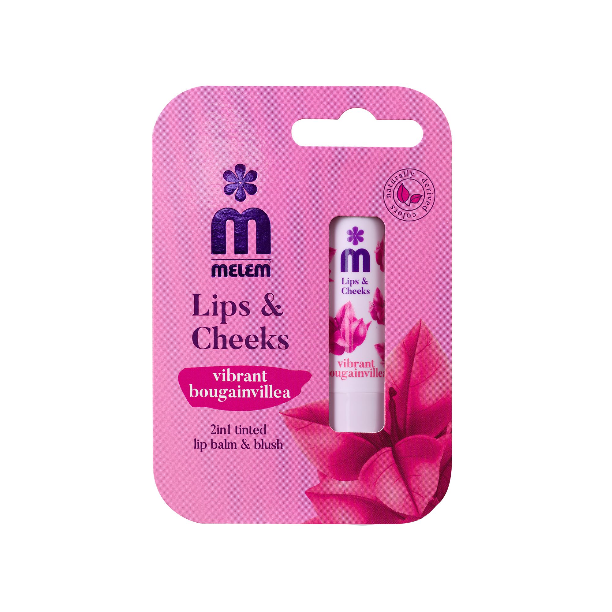 Verpackung mit Lippenbalsam. Rosa Karte mit Logo, Produktname und Text. Kleiner Lippenbalsam sichtbar.