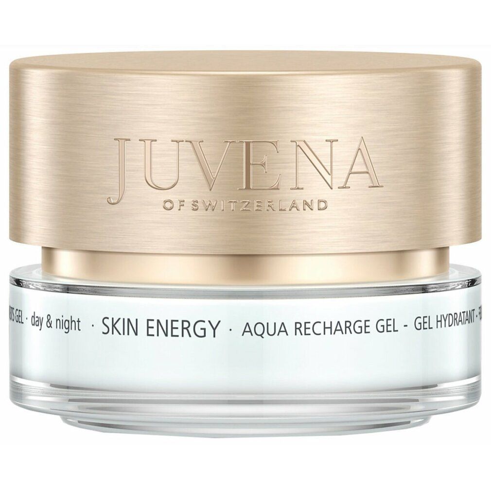 Cremebehälter mit goldfarbenem Deckel. Aufschrift: Juvena of Switzerland. Produktbezeichnung: Aqua Recharge Gel.