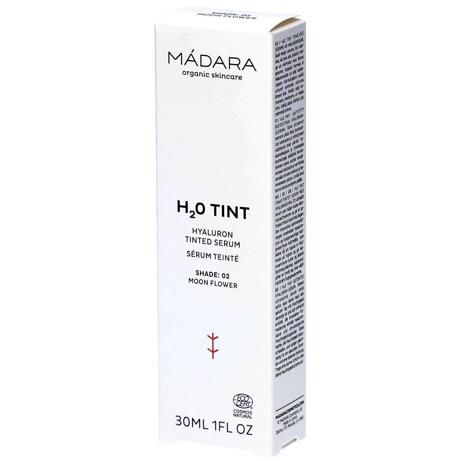 Weiße Produktverpackung mit Produktnamen und Marke. H2O TINT Hyaluron getöntes Serum. Shade 02 Moon Flower. 30ml 1FL OZ.
