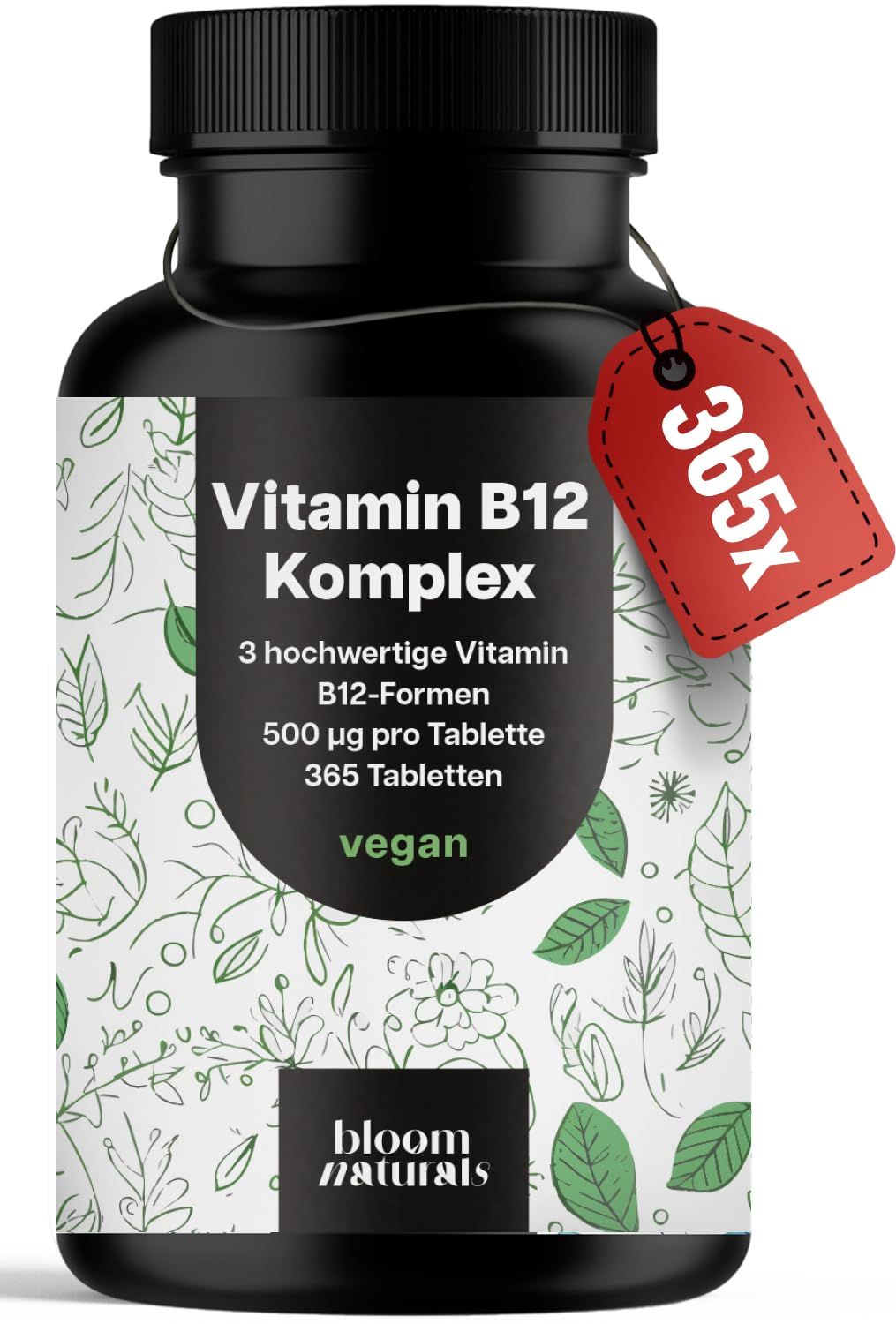 Vitamin B12 Komplex Hochdosiert - 365 Tabletten 500 µg pro Tablette Bloom Naturals® 65 g