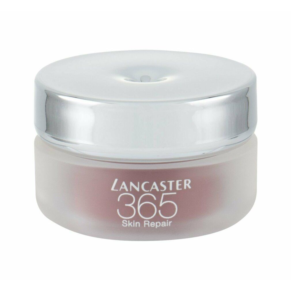 Creme-Tiegel. Aufschrift: Lancaster 365 Skin Repair. Silberner Deckel. Rosa-braune Farbe.