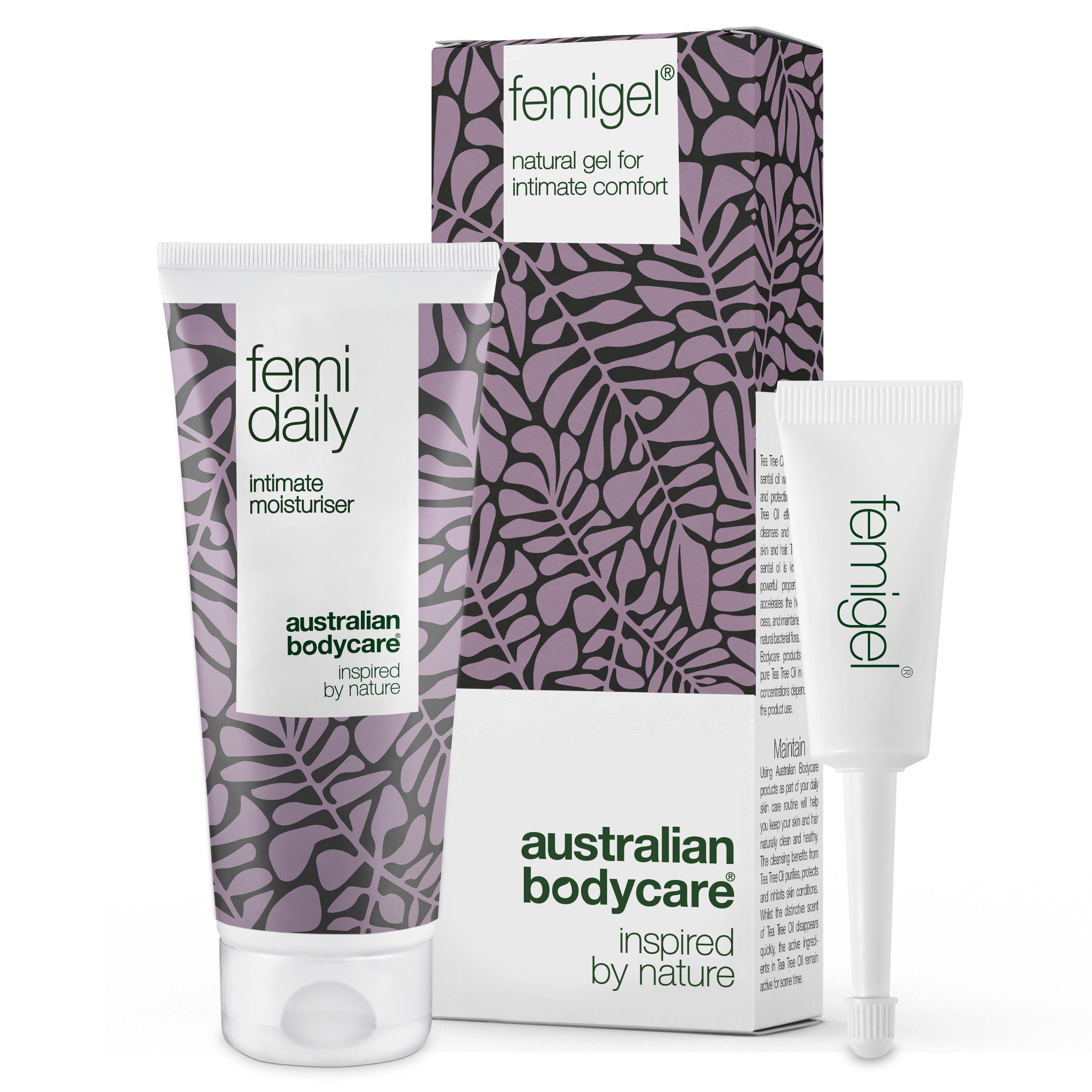 Drei Produkte: Femigel, Femidaily und eine Verpackung. Femigel ist ein Gel, Femidaily eine Feuchtigkeitspflege. Verpackung mit Muster.