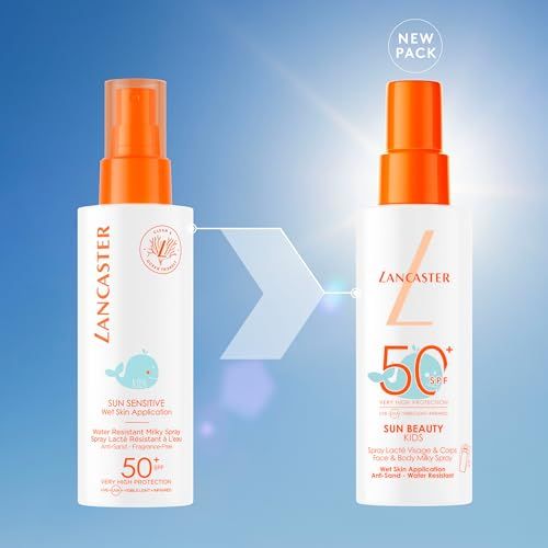 Zwei Sprayflaschen. Links: Sun Sensitive. Rechts: Sun Beauty Kids. Beide weiß mit orangefarbenem Sprühkopf. Marke: Lancaster.