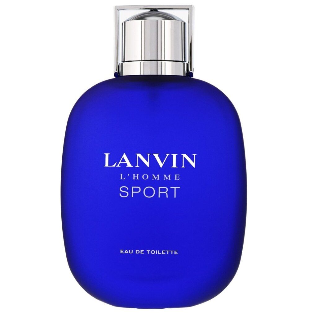 Blauer Flakon mit silbernem Verschluss. Aufschrift: LANVIN L'HOMME SPORT. Eau de Toilette.