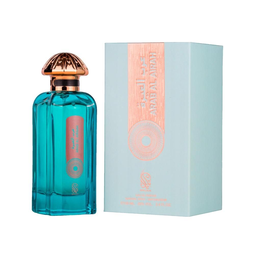 Türkisfarbene Glasflasche mit goldfarbenem Deckel und hellblauer Verpackung. Aufschrift auf Flasche und Verpackung.