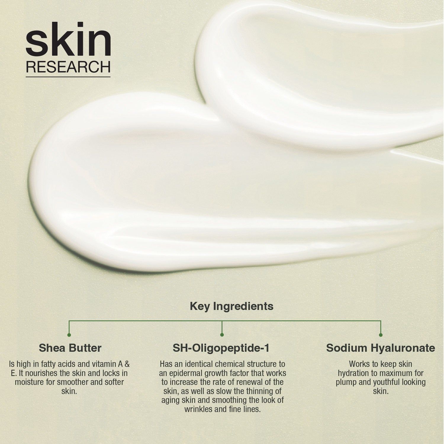 Nahaufnahme von Creme-Strichen. Text: Key Ingredients, Shea Butter, SH-Oligopeptide-1, Sodium Hyaluronate.