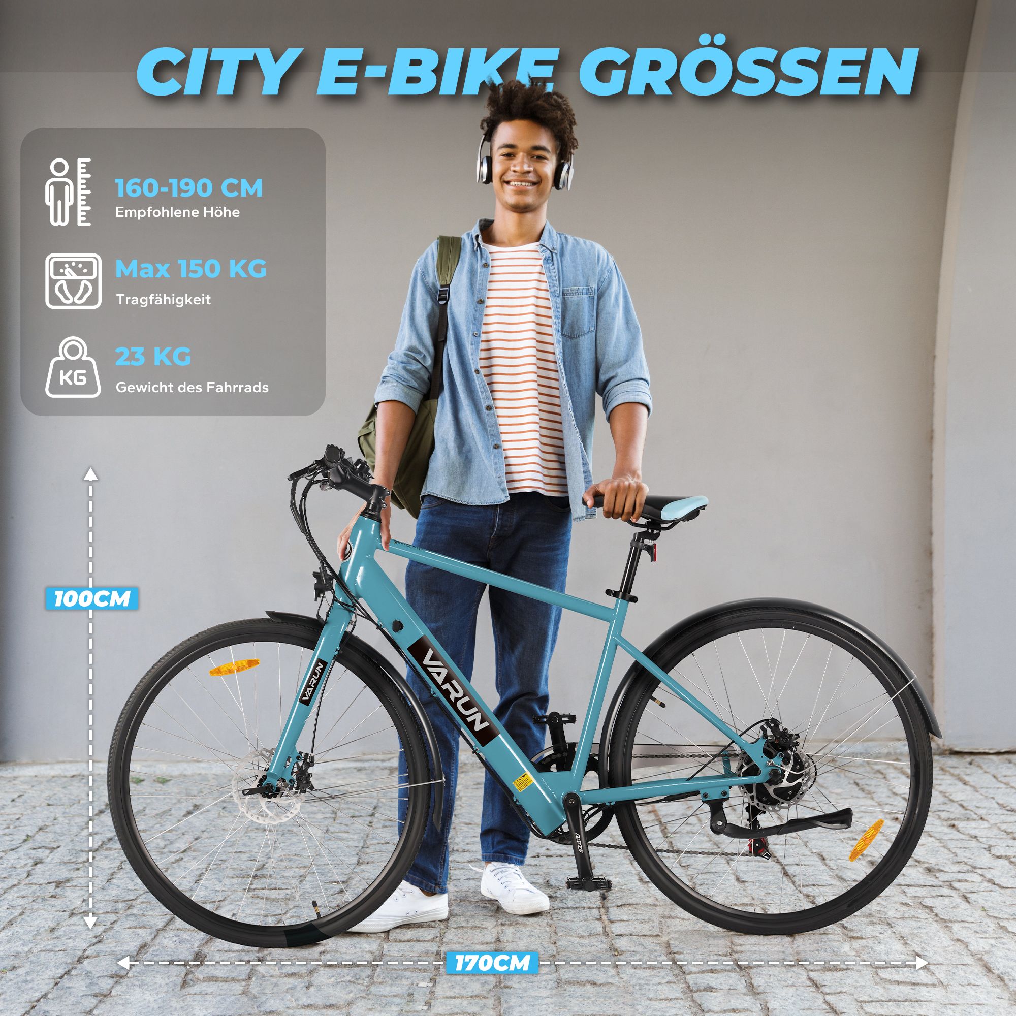 Mann mit E-Bike. Empfohlene Körpergröße 160-190 cm, max. 150 kg Tragfähigkeit, 23 kg Gewicht.